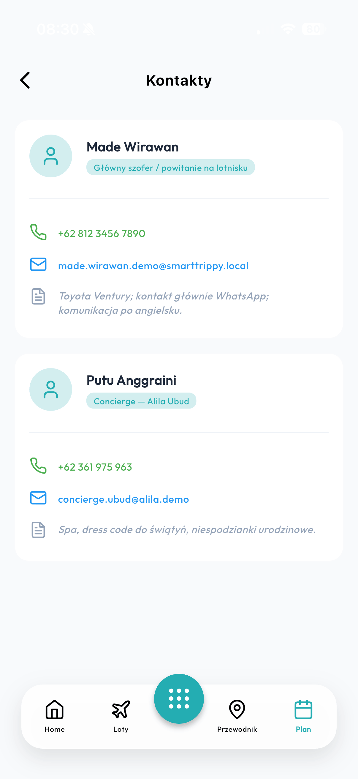 Smart Trippy app — Ważne kontakty