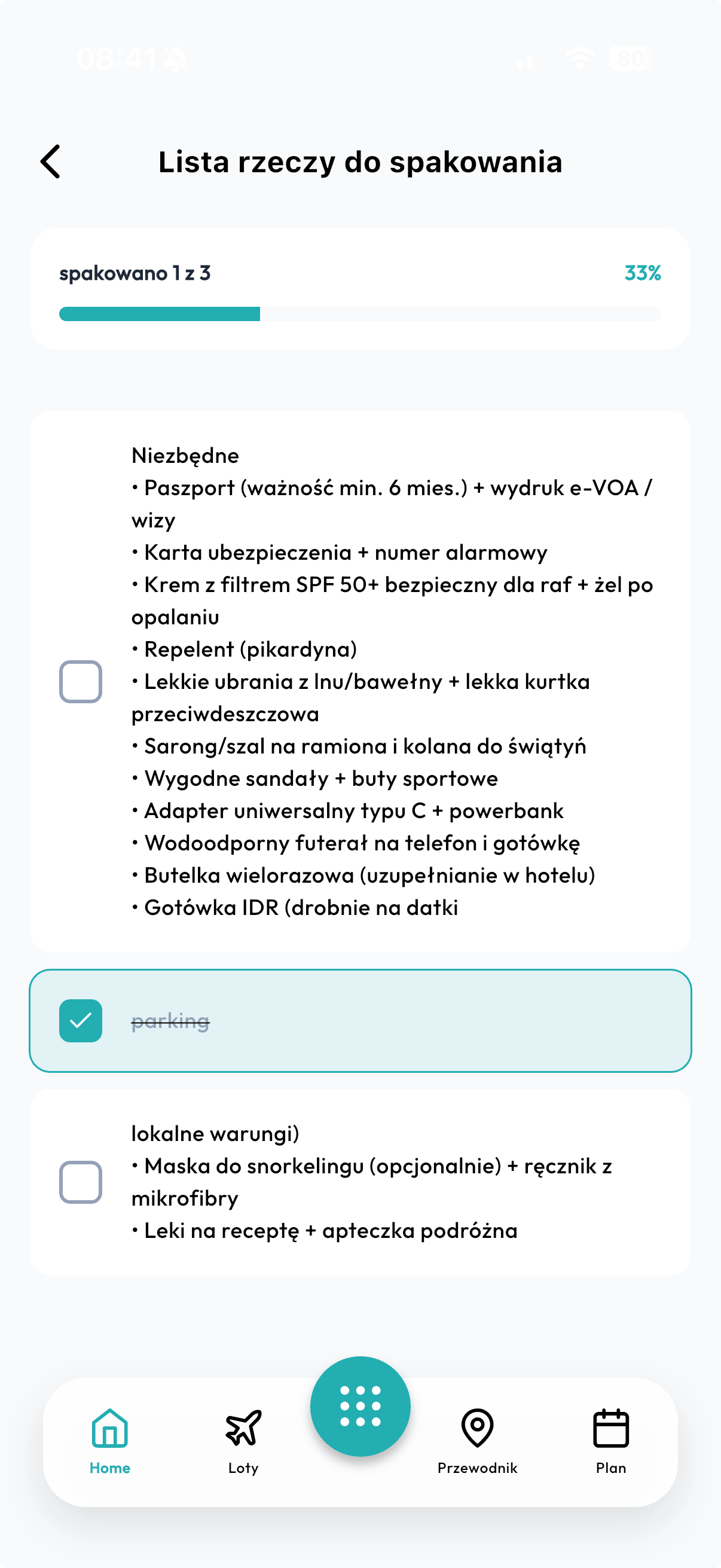 Smart Trippy app — Lista rzeczy do spakowania